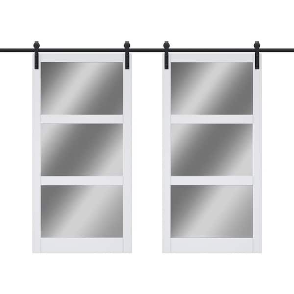 ARK DESIGN 84 in. x 84 in. 3-Lite Mirrored Glass White Finished Composite MDF Barn Door Slab with Hardware Kit
