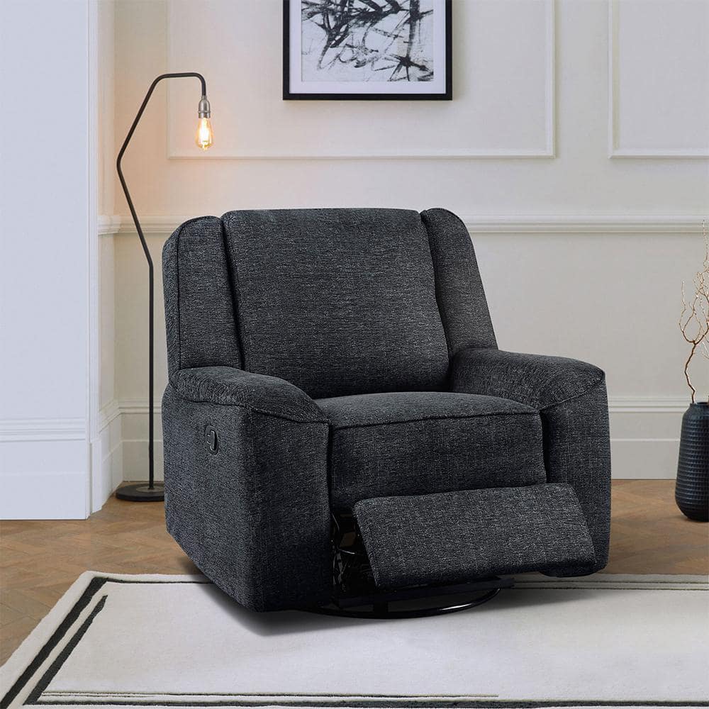 Ebony Chenille Upholstered Swivel Recliner with Wood Frame