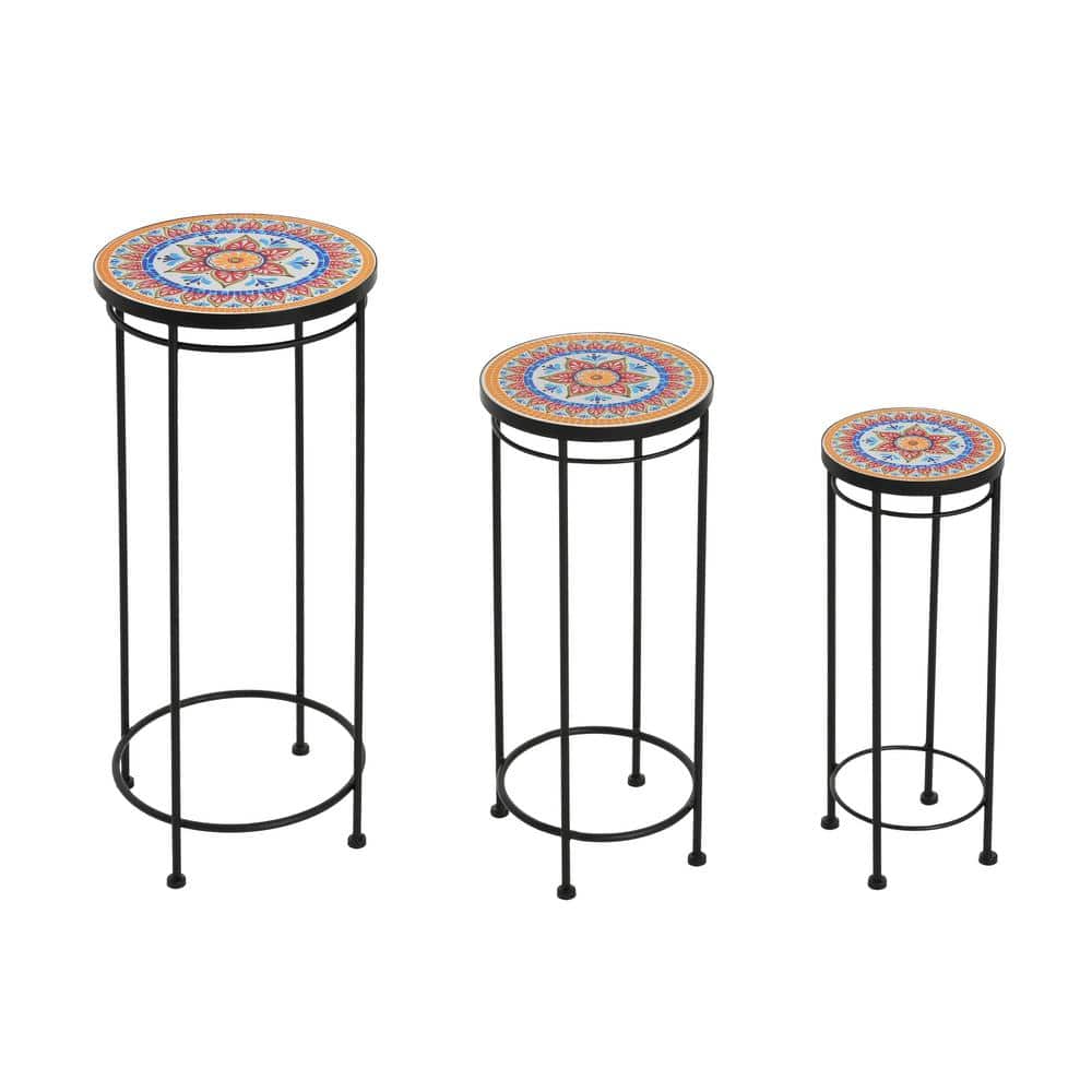 Havenwood  28 in. Patio Kits and Accessories Outdoor Plant Stands, Ceramic Tile, Iron, Black + Colorful, (Set of 3) price history on PriceWatchPro