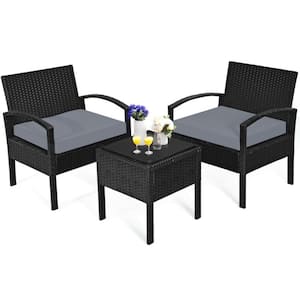 3 Pieces Outdoor Wicker Patio Conversation Set with Gray Cushions
