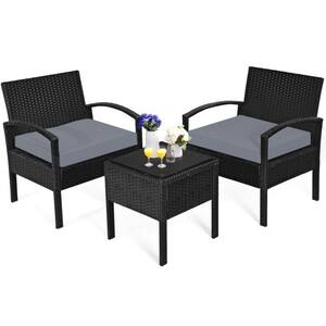 3 Pieces Outdoor Wicker Patio Conversation Set with Gray Cushions