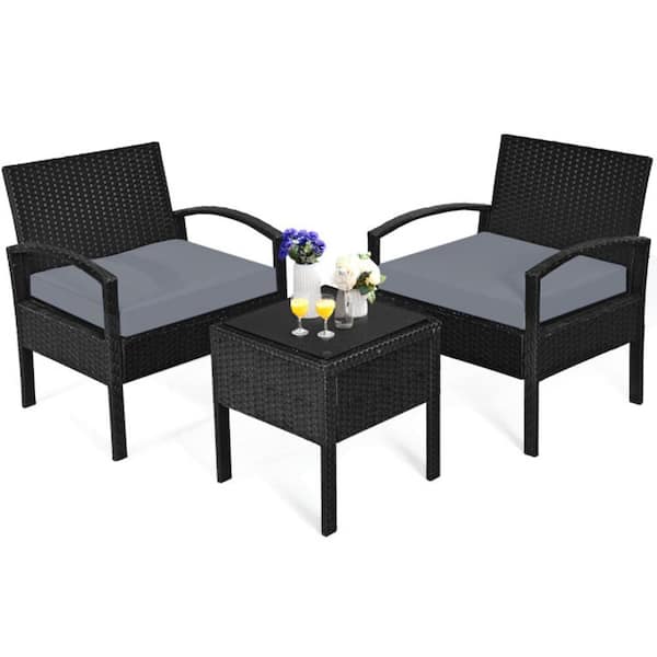 cenadinz 3 Pieces Outdoor Wicker Patio Conversation Set with Gray Cushions