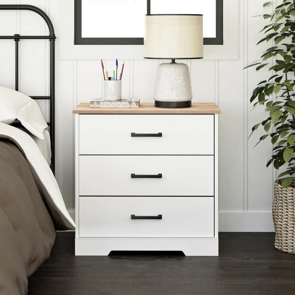 White and Oak 3-Drawer Farmhouse Nightstand