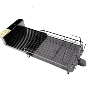Black Large Drying Rack with Drainboard Set, Utensil and Cup Holder, Expandable Drainer for Kitchen Counter Dish Rack