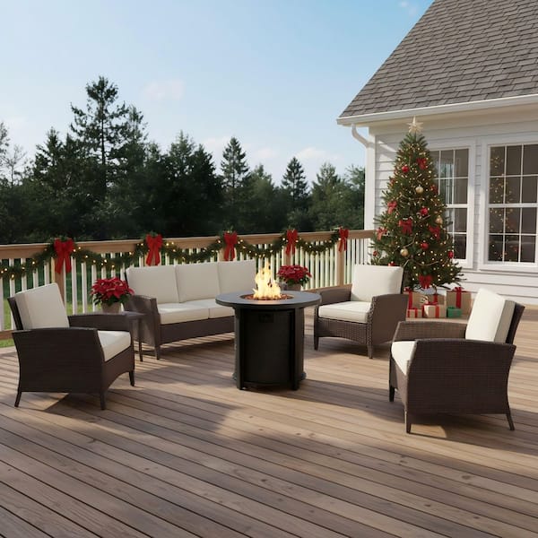 30 in. Round 50000 BTU Black Metal Propane Outdoor Fire Pit Table with Steel Tabletop, Lid and Lava Rocks