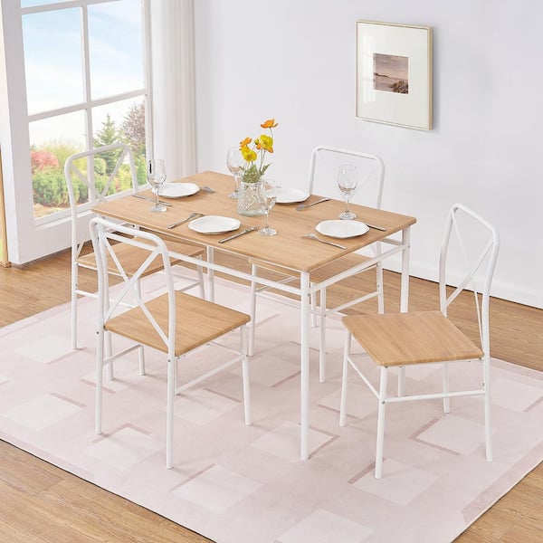 VECELO 5-Piece Dining Table Set for 4 Modern Brown Wood + White