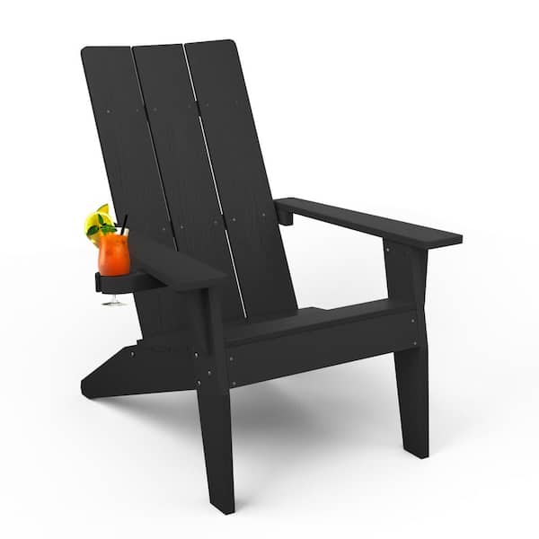 Black Weather Resistant Plastic Outdoor Patio Adirondack Chair with Cup Holder