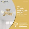 TOZING 16 in. 4-Light Modern Sputnik Gold Ceiling Light
