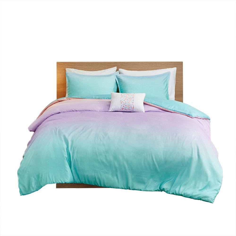 Full/Queen Aqua and Pastel Purple Ombre Glitter Duvet Cover Set