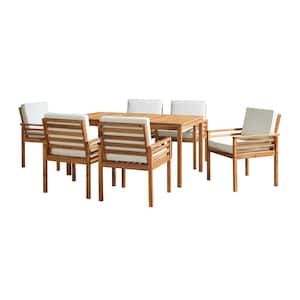 Okemo 7-Piece Acacia Wood Outdoor Dining Set with Table and 6 Dining Chairs with Cream Cushions