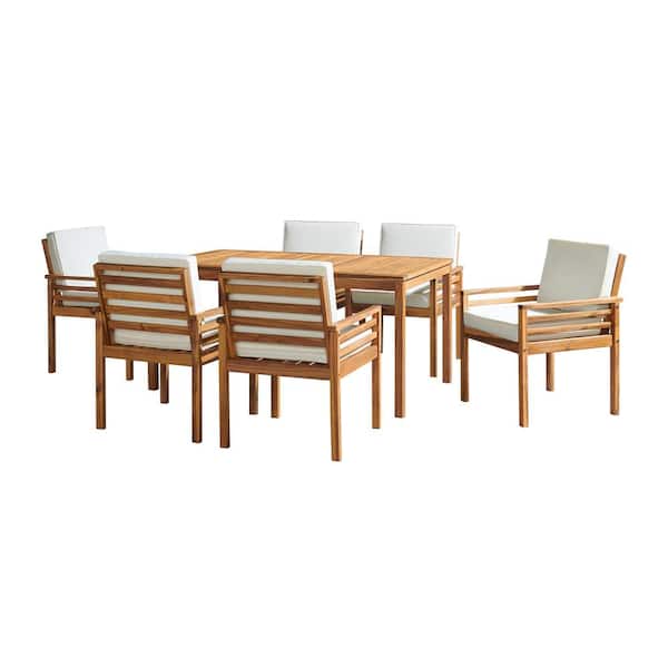 Pure Garden Okemo 7-Piece Acacia Wood Outdoor Dining Set with Table and 6 Dining Chairs with Cream Cushions