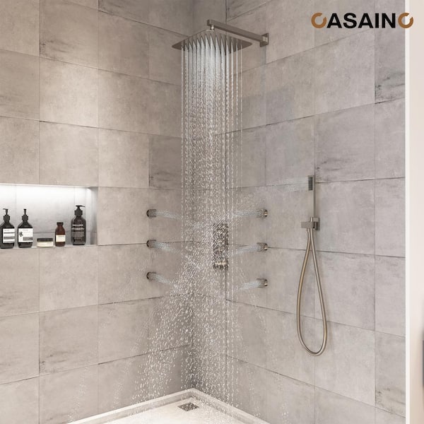 Luxury Thermostatic 3-Spray 12 in. Flush Wall Mount Rainfall Shower Faucet with Handheld Shower 1.8GPM in Brushed Nickel