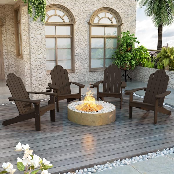 LUE BONA Hampton Curveback Coffee Brown All-Weather Plastic Outdoor Patio Adirondack Chair with Cup Holder Fire Pit Chair 4-pack