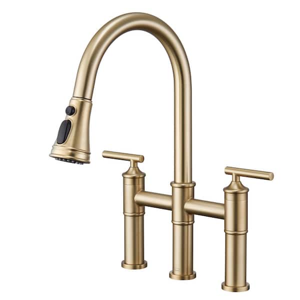 Double Handle Pull Down Sprayer Bridge Kitchen Faucet in Brushed Gold with 3-Spray Patterns