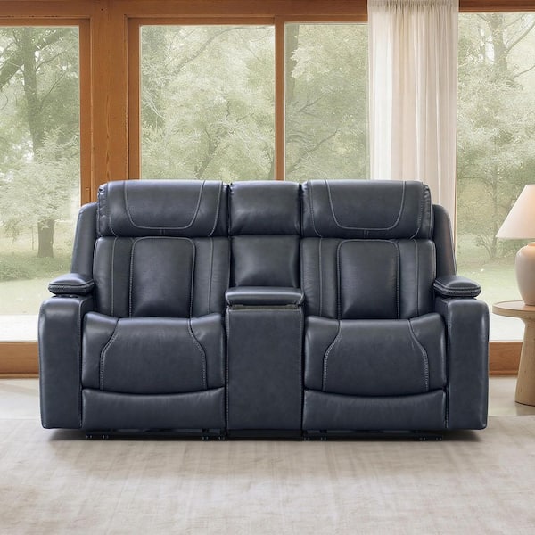 Ziva 74.41 in. Navy Triple Motor Square Arm Rectangle Leather Power Reclining Sofa with Power Headrest, Lumbar & Console