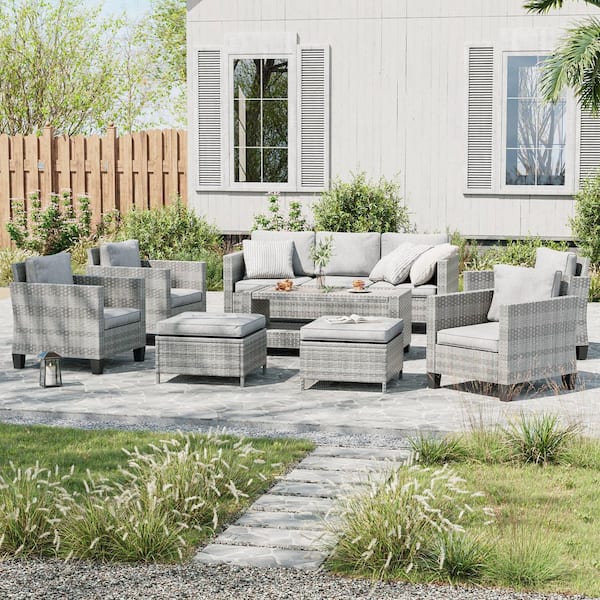Sonkuki 8-Piece Gray Wicker Patio Sofa Set Outdoor Furniture Set with Ottomans and Coffee Table, Linen Grey