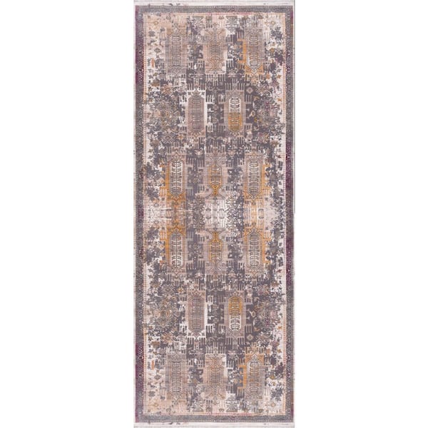 2 ft. x 7 ft. Gray, Beige, Orange Tribal Washable Area Rug