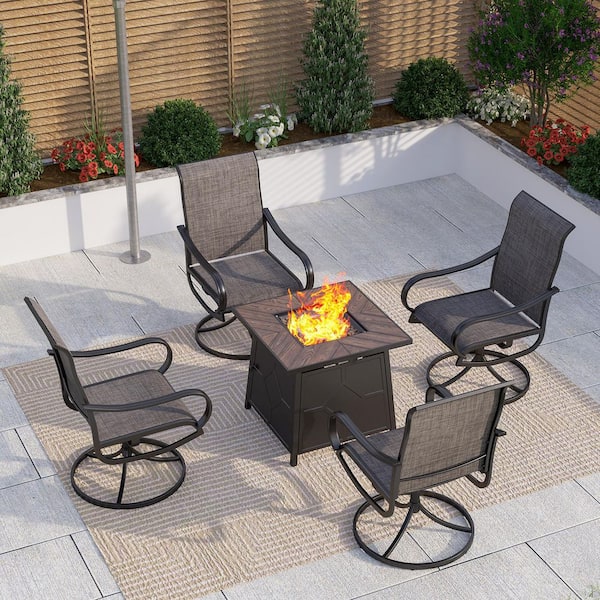 PHI VILLA Black 5-Piece Metal TerrFab Top Patio Fire Pit Set with 4 Swivel Textilene Dining Chair