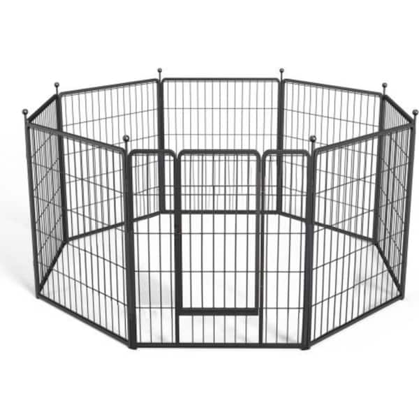32 in. 8 Panels Black Metal Heavy Duty Portable Garden Fence Pet Fence with Door