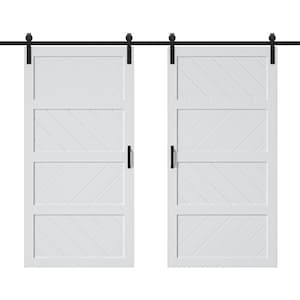 84 in. x 84 in. Paneled 4 Lite Wave Shape MDF White Prefinished Double Sliding Barn Door Slab with Hardware Kit