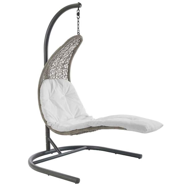 Landscape Light Gray Wicker Rattan Outdoor Patio Porch Chaise Lounge Hanging Swing Set with Stand and White Cushion