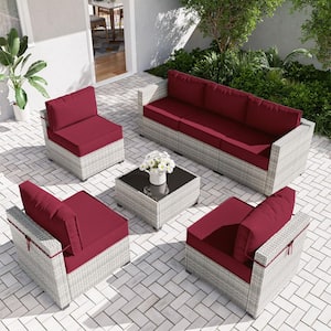 7-Piece Wicker Patio Outdoor Lounge Chairs Sectional Conversation Set with 5 in. High-Resiliency Seat Cushion Burgundy