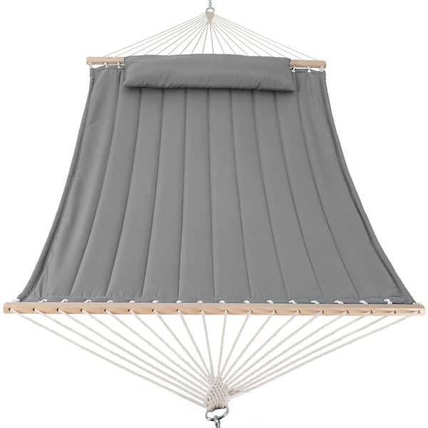 Atesun 2 ft. to 15 ft. Quilted Double 2-Person Hammock with Hardwood Spreader Bar and Pillow in Light Gray