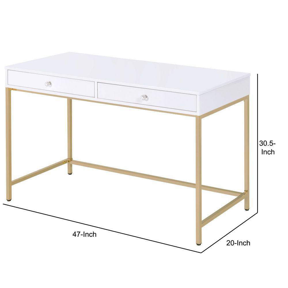 White High Gloss Rectangular Writing Desk with Gold Metal Base and 2 Drawers