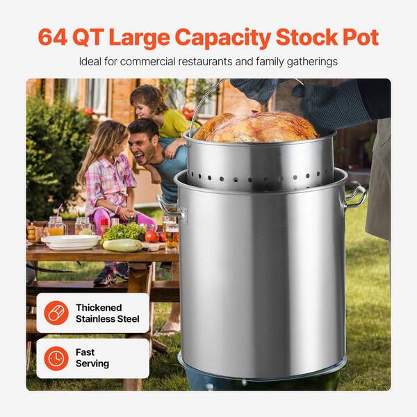 64 qt. Stainless Steel Stockpot, Heavy Duty Cookware with Basket, Lid & Handle, Commercial Grade for Large Groups