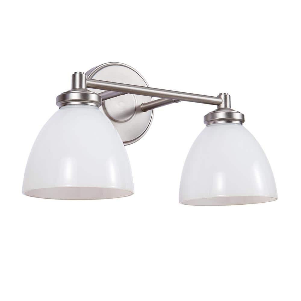 Brushed Nickel 2-Light Vanity Fixture with White Glass Shades