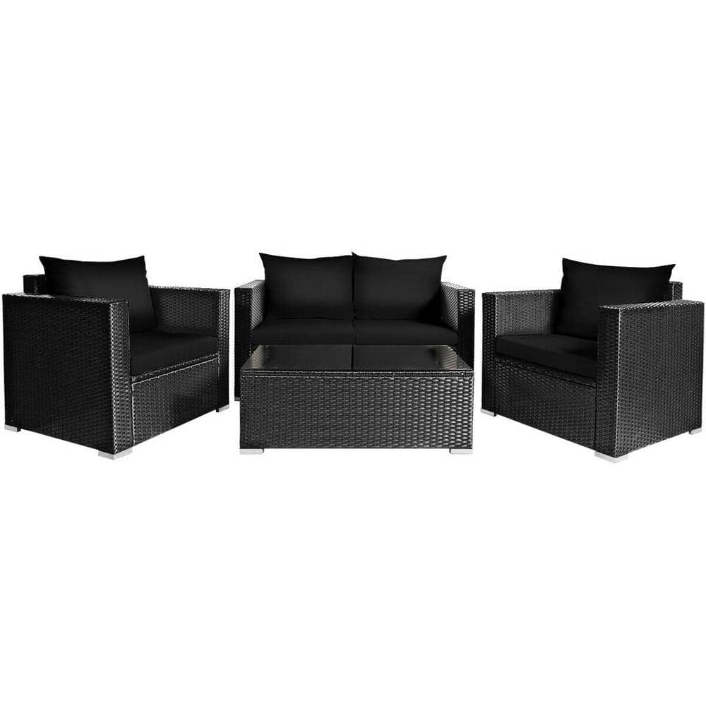 FORCLOVER 4Piece Wicker Patio Conversation Set with Black Cushions