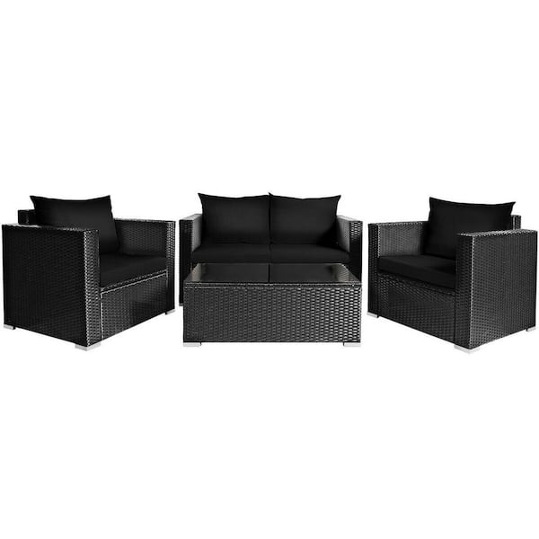 FORCLOVER 4-Piece Wicker Patio Conversation Set with Black Cushions