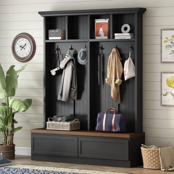 Harper & Bright Designs Black 55.9" W Multifunctional 4-in-1 Farmhouse Hall Tree with 6 Hooks, Dark Walnut Wood Grain Bench, 2-Drawers