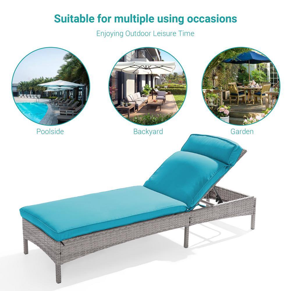 Sonkuki lake blue wicker chaise lounge chair shown for outdoor use.