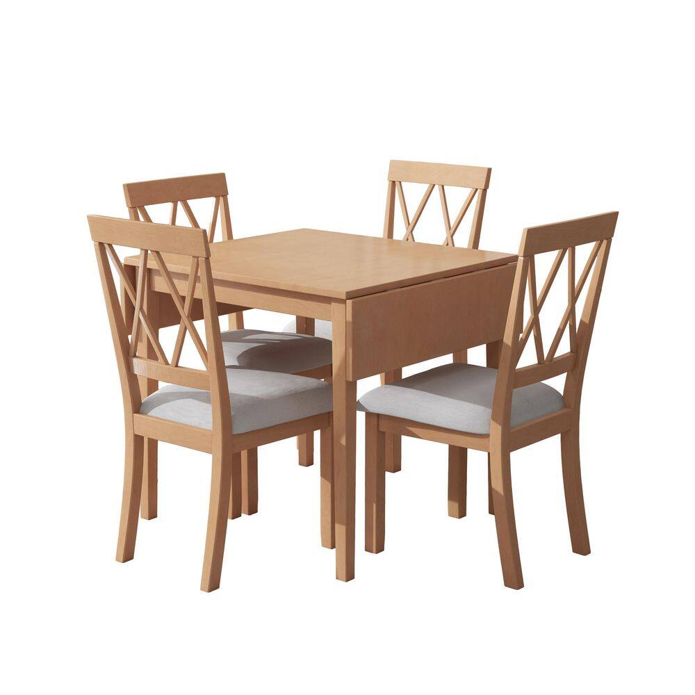 5-Piece Rectangular Natural Wood Top Dining Table Set Seats 4 with Drop Leaf Dining Table and 4 Upholstered Chairs