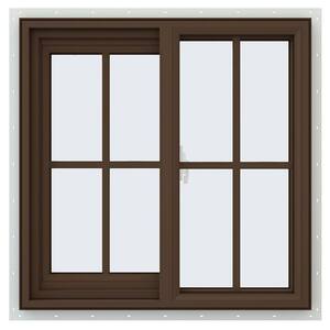 23.5 in. x 23.5 in. V-2500 Series Brown Painted Vinyl Left-Handed Sliding Window with Colonial Grids/Grilles