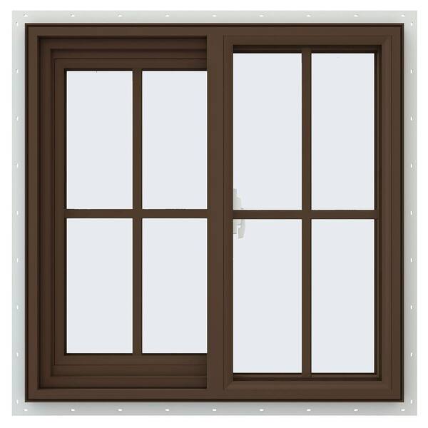 JELD-WEN 23.5 in. x 23.5 in. V-2500 Series Brown Painted Vinyl Left-Handed Sliding Window with Colonial Grids/Grilles