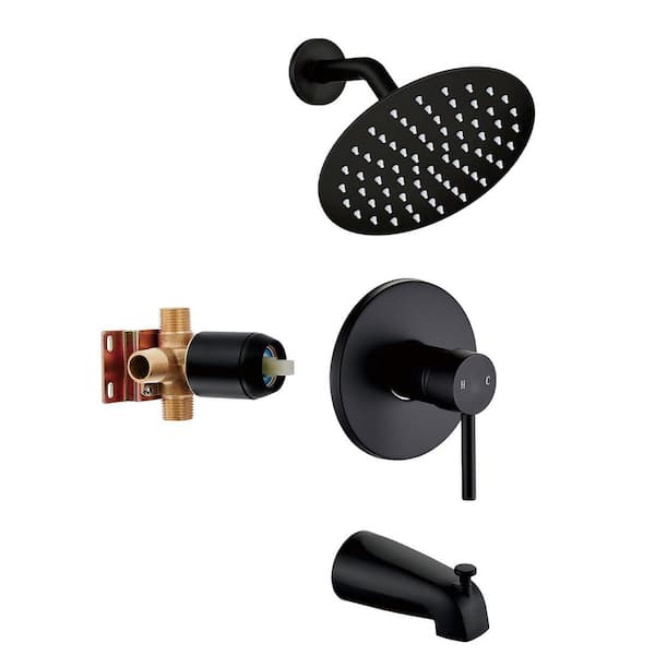 Matte Black Tub and Shower Trim Kit with 6 in. Rainfall Shower Head, Tub Spout, and Shower Valve Included