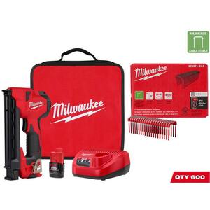 M12 Cordless Cable Stapler Kit with 2.0Ah Battery, Charger and Bag w/1 in. Insulated Cable Staples for 600 Per Box