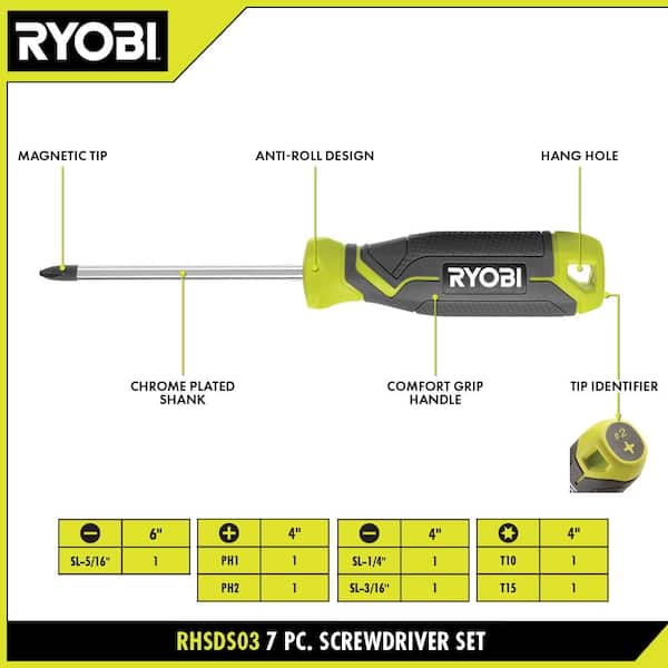 RYOBI - Screwdriver Set (7-Piece) with Cushion Grip Handles