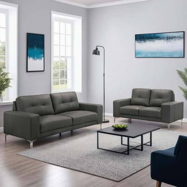Moa 34.7 in. Square Arm Leather Rectangle Shape Sofa in. Anthracite Gray and Chrome (Set of 2)