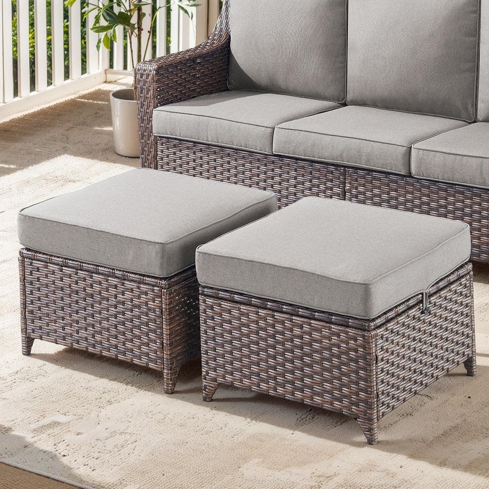 SlideArm Metal and Brown Wicker Outdoor Ottoman with Olefin Gray Cushion (2-Pack)