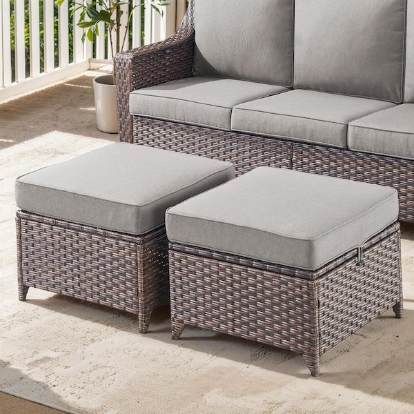 SlideArm Metal and Brown Wicker Outdoor Ottoman with Olefin Gray Cushion (2-Pack)