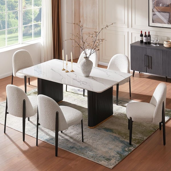 Morden Fort Luxury 7-Piece Faux Marble Rectangle Dining Table with White Boucle Chairs Metal Legs Dining Room Set for Kitchen