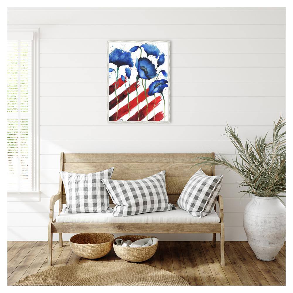Patriotic Floral II Blue and Red Canvas Wall Art with White Frame