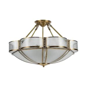 23.62 in. 6-Light Gold Retro Flower-Shaped Semi-Flush Mount Ceiling Light with Glass Shade, No Bulbs Included