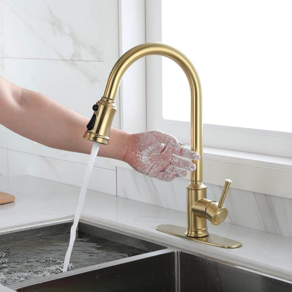 Single Handle Pull Down Sprayer Kitchen Faucet with Touch Sensor in Brushed Gold -  Magic Home, 928-TH9013BG