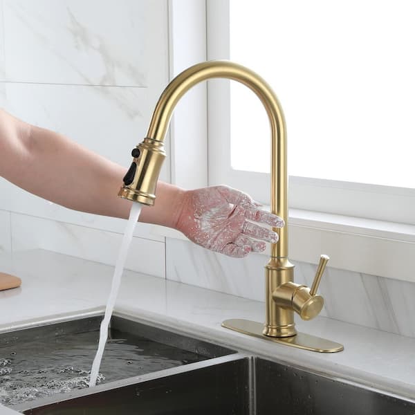 Magic Home Single Handle Pull Down Sprayer Kitchen Faucet with Touch Sensor in Brushed Gold