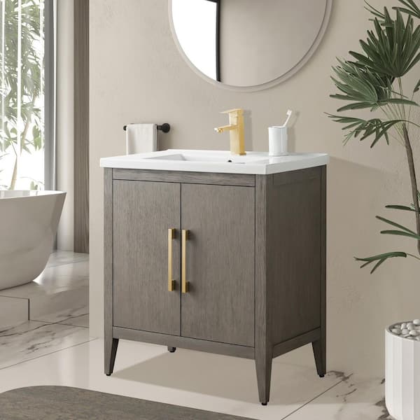 30 in. W x 18.5 in D x 34 in. H Single-Sink Bathroom Vanity Cabinet in Driftwood Gray with Ceramic Top in White