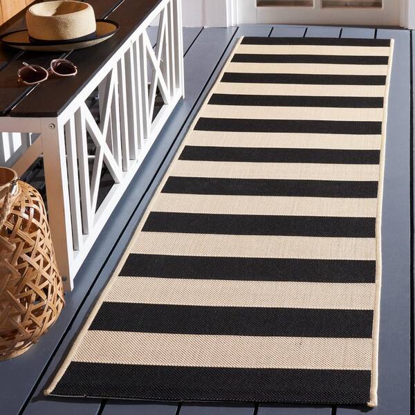 Courtyard Beige/Black 2 ft. x 7 ft. Awning Stripe Indoor/Outdoor Runner Rug